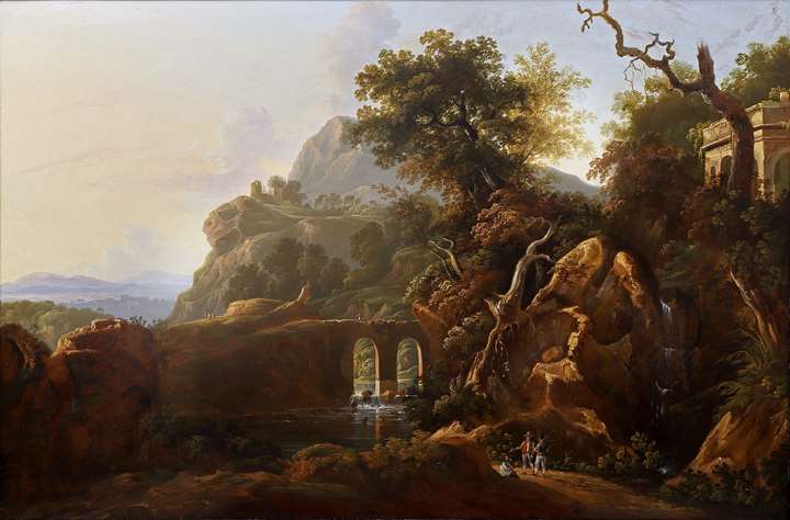 A capriccio landscape with travellers below a rocky outcrop
